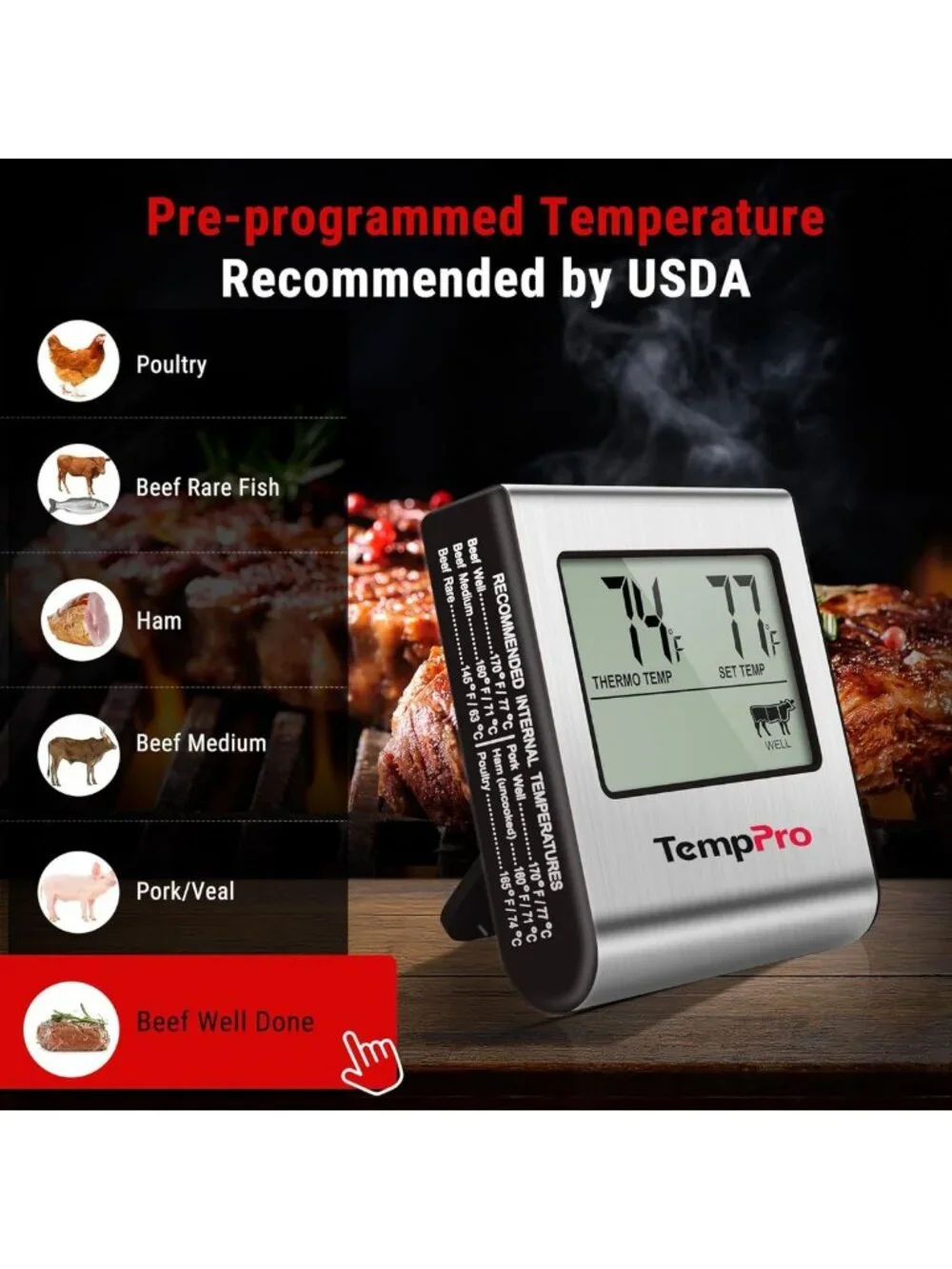 Large LCD Digital Meat Thermometer for BBQ, Grill & Oven - Cooking Timer & Probe